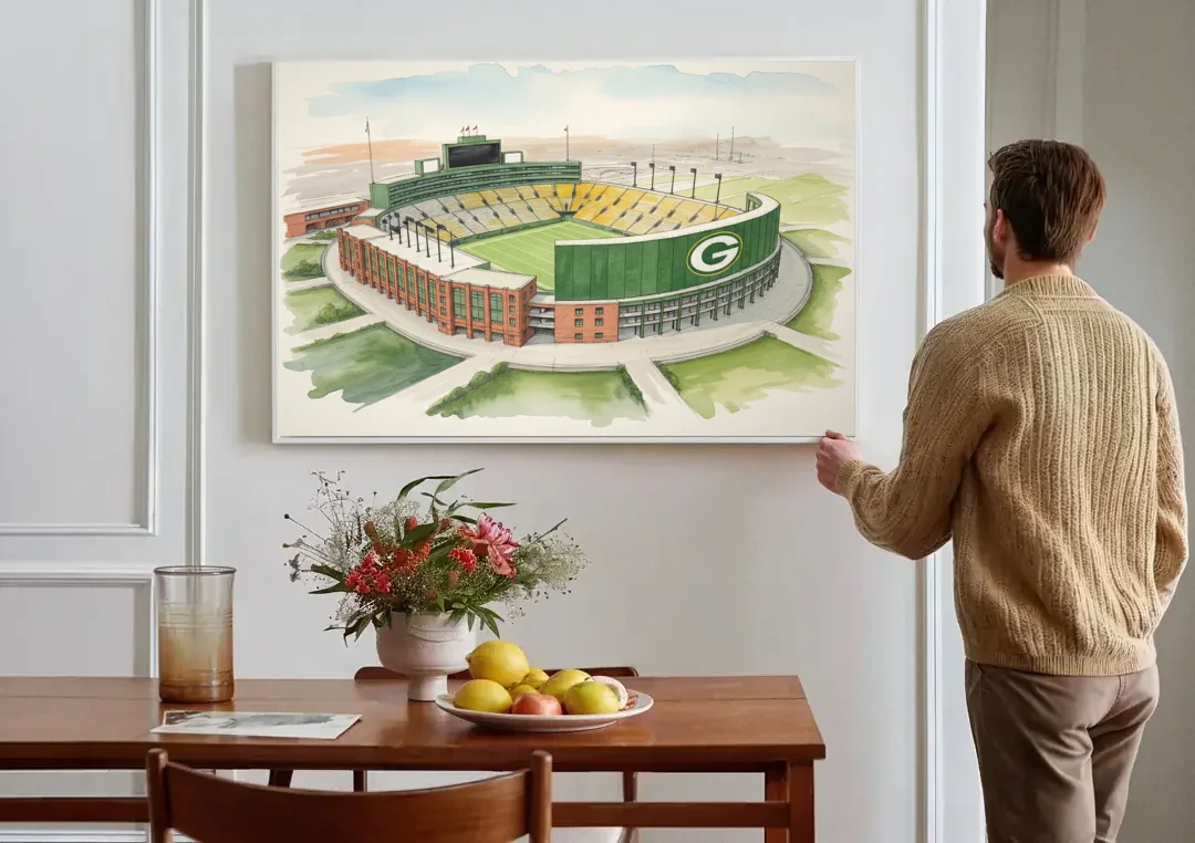 Green Bay Packers Lambeau Field Watercolor Illustration canvas wall art above a dining table