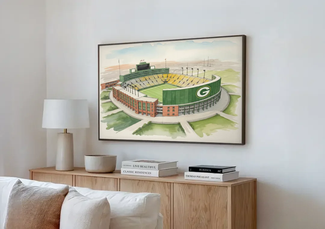 Green Bay Packers Lambeau Field Watercolor Illustration canvas wall art above a wooden sideboard next to a sofa