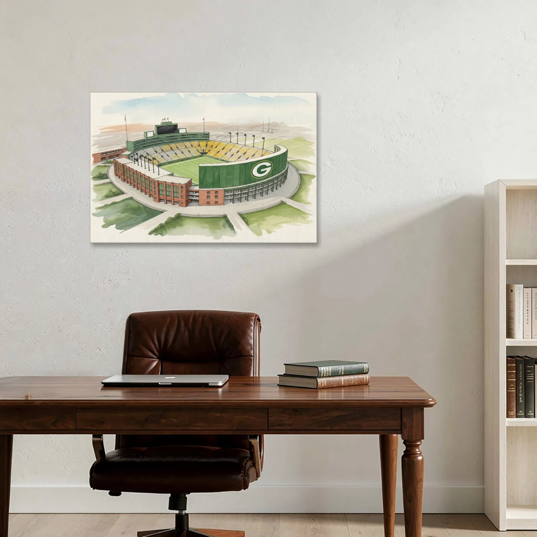 Green Bay Packers Lambeau Field Watercolor Illustration - Canvas Wall Art - Office - 36x24