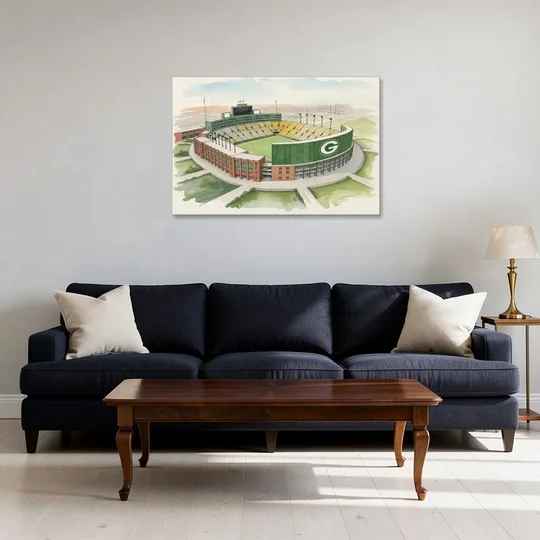 Green Bay Packers Lambeau Field Watercolor Illustration - Canvas Wall Art - Sofa - 36x24
