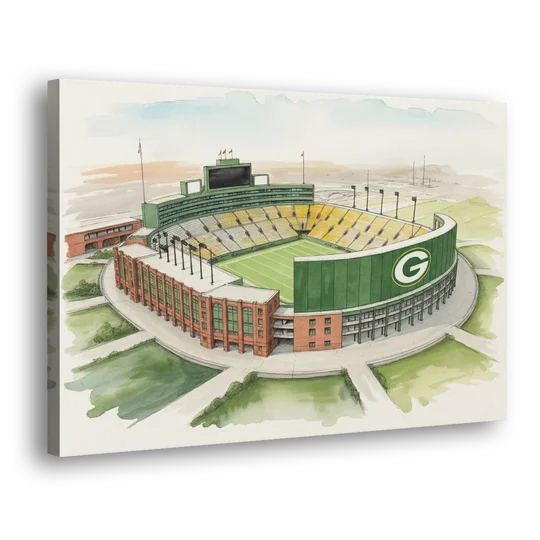 Green Bay Packers Lambeau Field Watercolor Illustration - Canvas Wall Art - Side