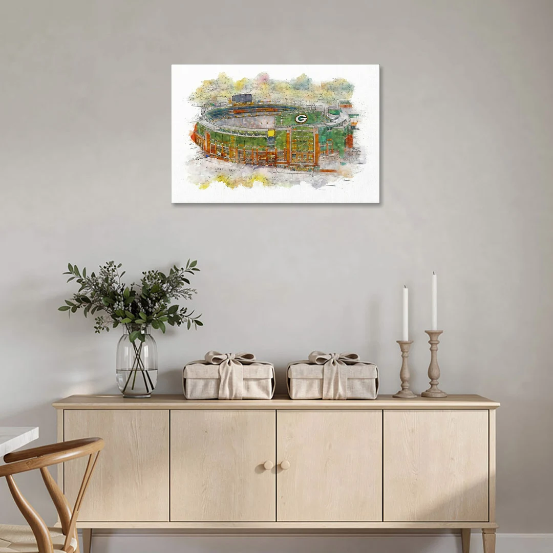 Green Bay Packers Lambeau Field Watercolor Stadium - Canvas Wall Art - Coffee Table - 36x24