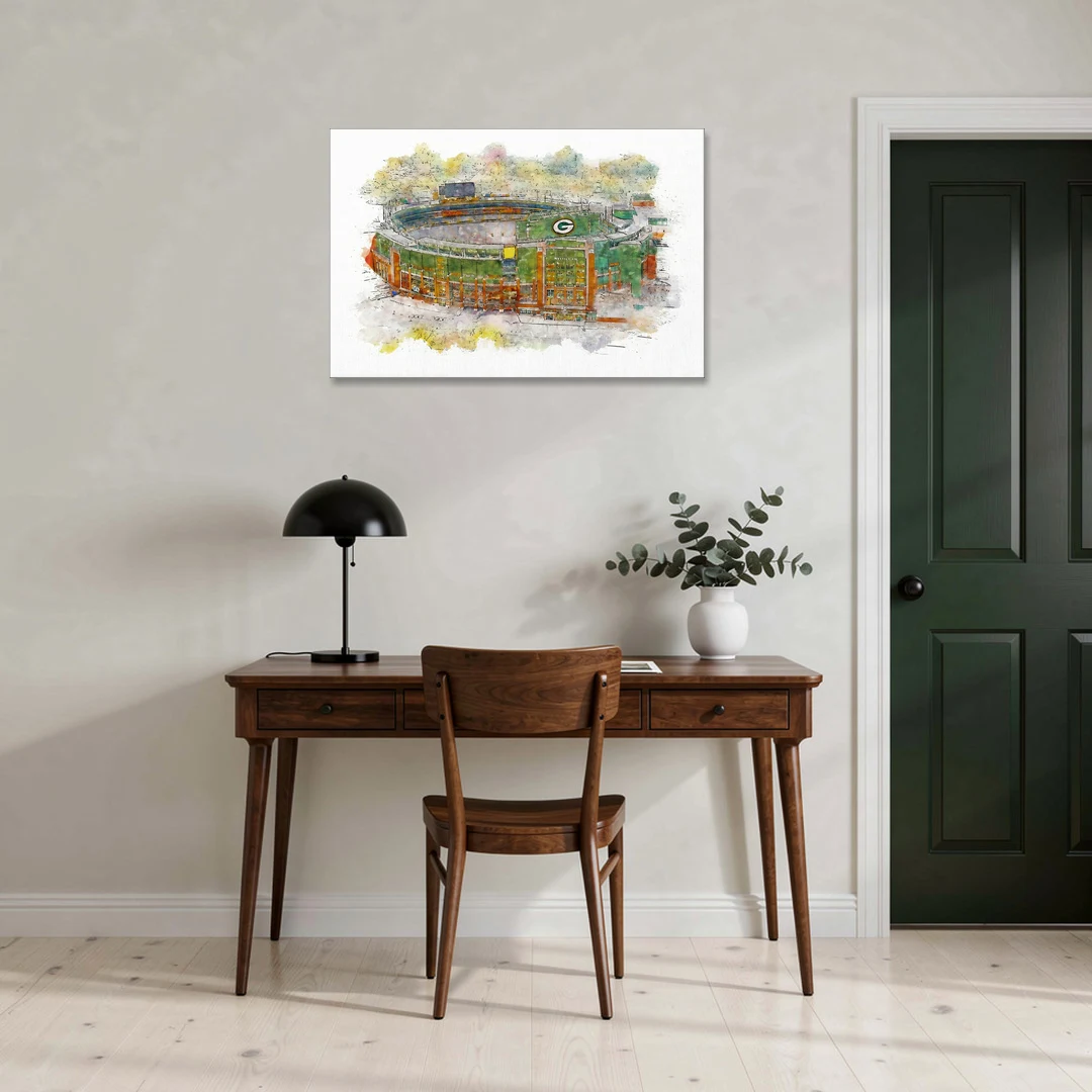 Green Bay Packers Lambeau Field Watercolor Stadium - Canvas Wall Art - Office - 36x24