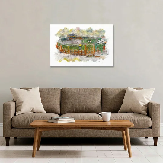 Green Bay Packers Lambeau Field Watercolor Stadium - Canvas Wall Art - Sofa - 36x24