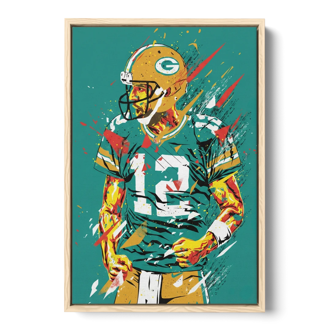 Green Bay Packers Pop Art - Aaron Rodgers - Oak Framed Canvas Wall Art - Front