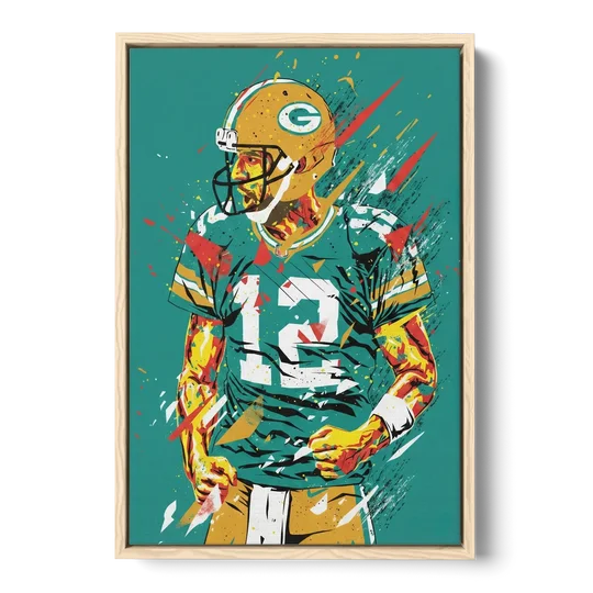 Green Bay Packers Pop Art - Aaron Rodgers - Oak Framed Canvas Wall Art - Front