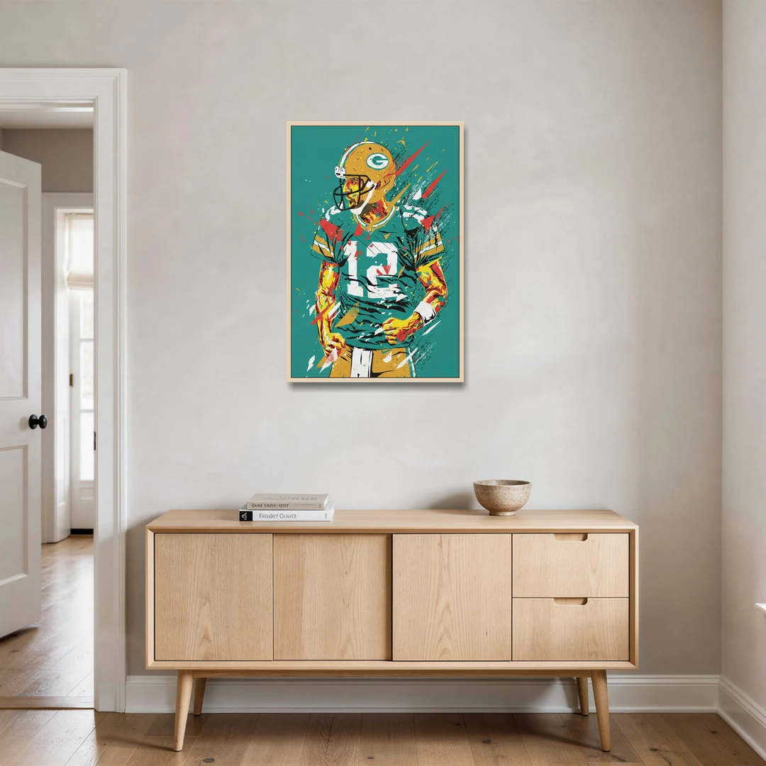 Green Bay Packers Pop Art - Aaron Rodgers - Oak Framed Canvas Wall Art - Coffee Table - 24x36