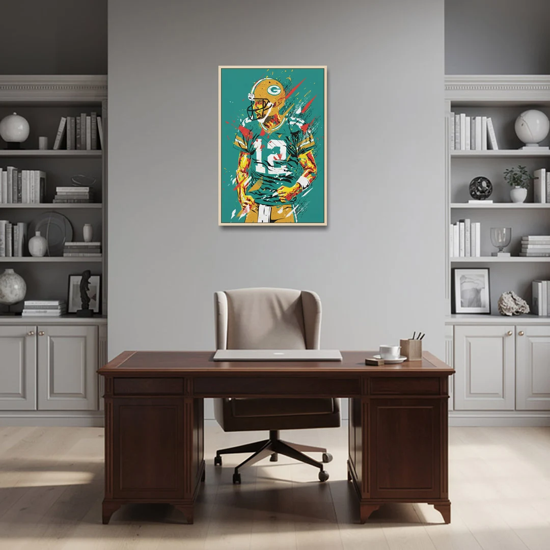 Green Bay Packers Pop Art - Aaron Rodgers - Oak Framed Canvas Wall Art - Office - 24x36