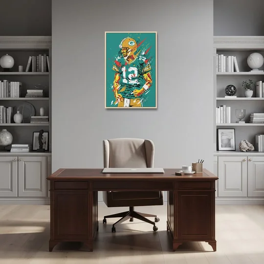 Green Bay Packers Pop Art - Aaron Rodgers - Oak Framed Canvas Wall Art - Office - 24x36