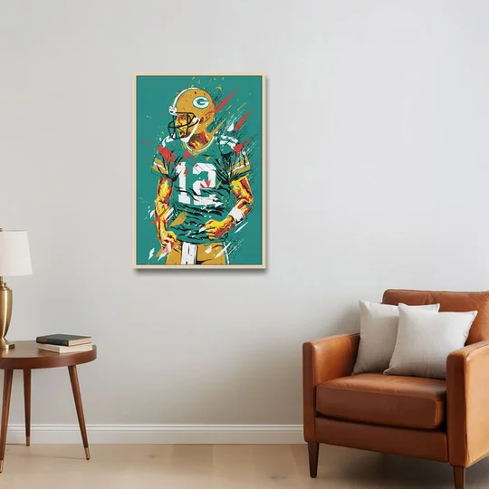Green Bay Packers Pop Art - Aaron Rodgers - Oak Framed Canvas Wall Art - Sofa - 24x36