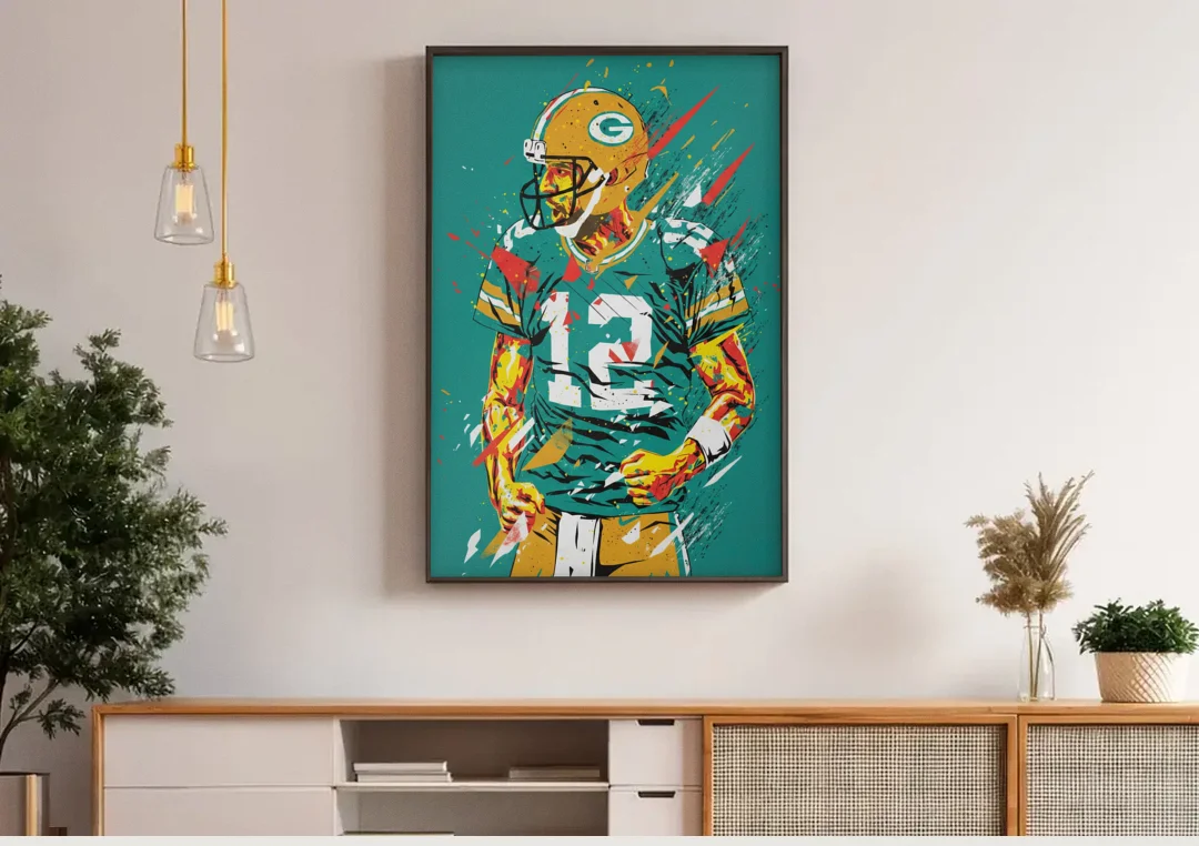 Green Bay Packers Pop Art - Aaron Rodgers canvas wall art above a wooden sideboard under pendant lights