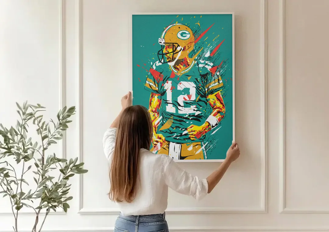 Green Bay Packers Pop Art - Aaron Rodgers canvas wall art being hung on a paneled wall