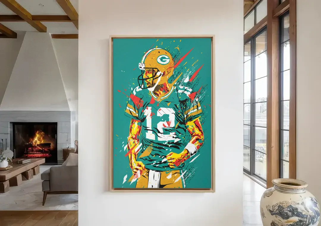 Green Bay Packers Pop Art - Aaron Rodgers canvas wall art in a living room with a fireplace