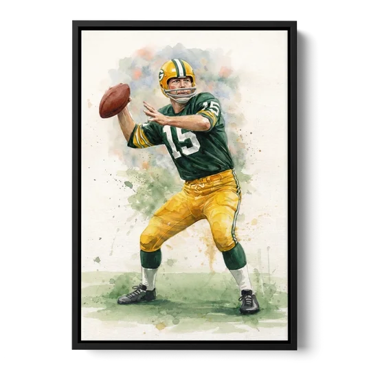 Green Bay Packers Watercolor - Bart Starr - Black Framed Canvas Wall Art - Front