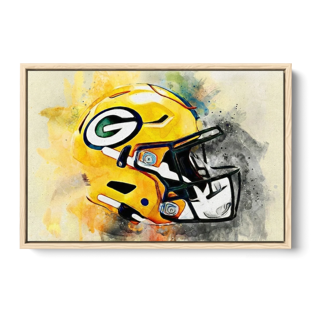 Green Bay Packers Yellow Helmet Expressive Watercolor - Oak Framed Canvas Wall Art - Front