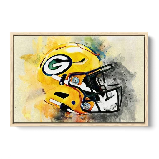 Green Bay Packers Yellow Helmet Expressive Watercolor - Oak Framed Canvas Wall Art - Front