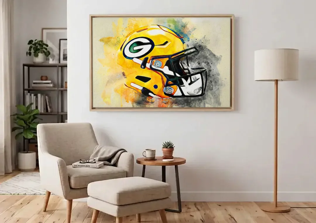 Green Bay Packers Yellow Helmet Expressive Watercolor canvas wall art above an armchair in a bright living room