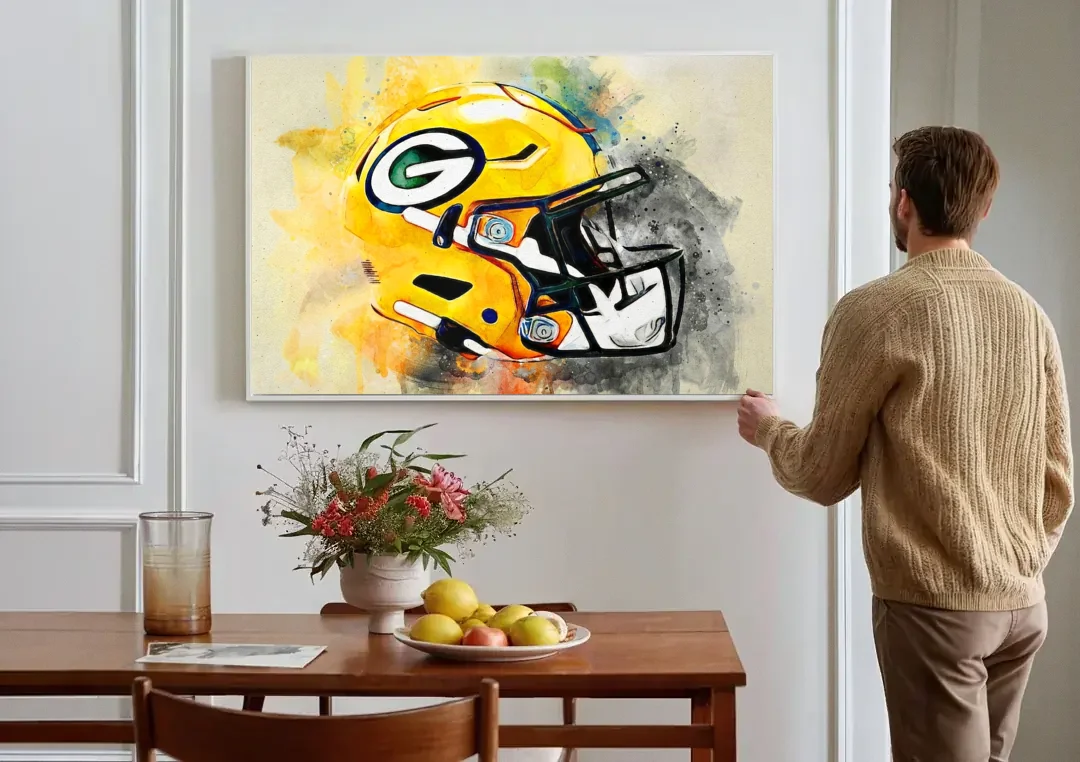 Green Bay Packers Yellow Helmet Expressive Watercolor canvas wall art above a dining table