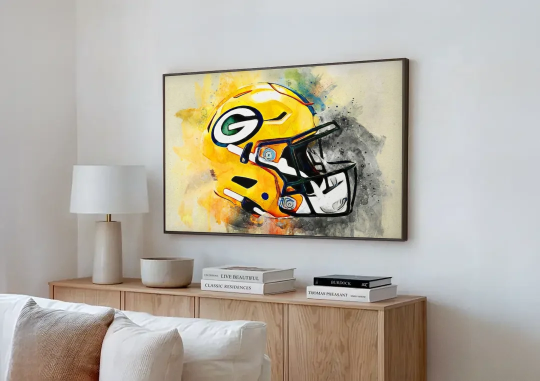Green Bay Packers Yellow Helmet Expressive Watercolor canvas wall art above a wooden sideboard next to a sofa