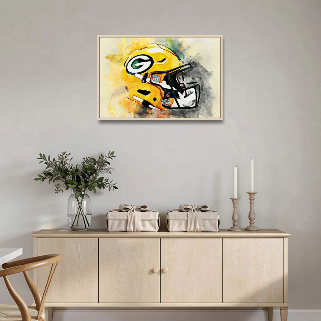 Green Bay Packers Yellow Helmet Expressive Watercolor - Oak Framed Canvas Wall Art - Coffee Table - 36x24