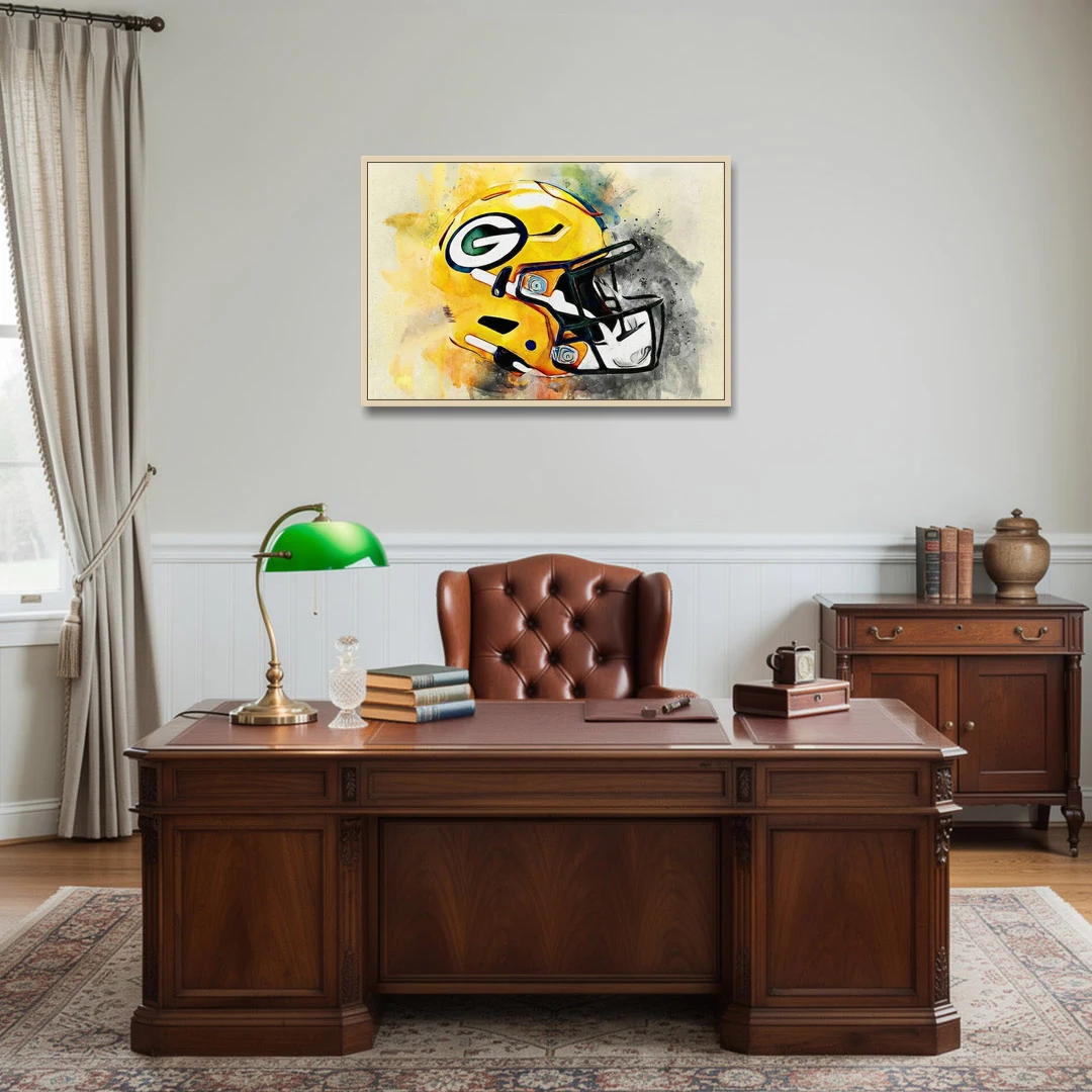Green Bay Packers Yellow Helmet Expressive Watercolor - Oak Framed Canvas Wall Art - Office - 36x24