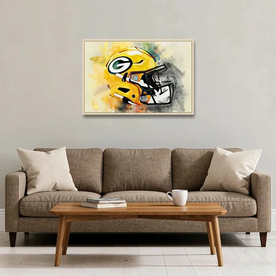 Green Bay Packers Yellow Helmet Expressive Watercolor - Oak Framed Canvas Wall Art - Sofa - 36x24