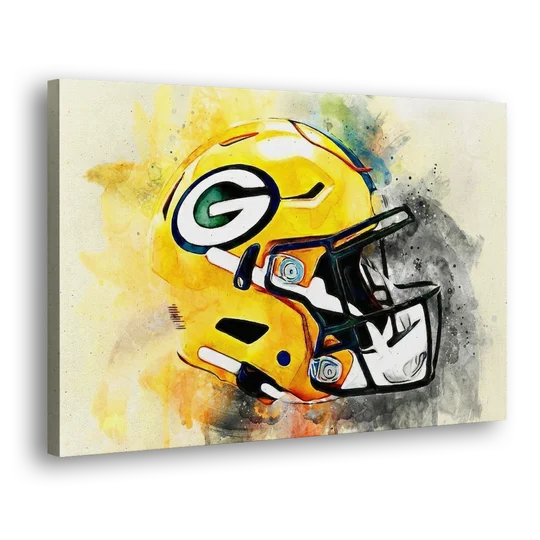 Green Bay Packers Yellow Helmet Expressive Watercolor - Canvas Wall Art - Side