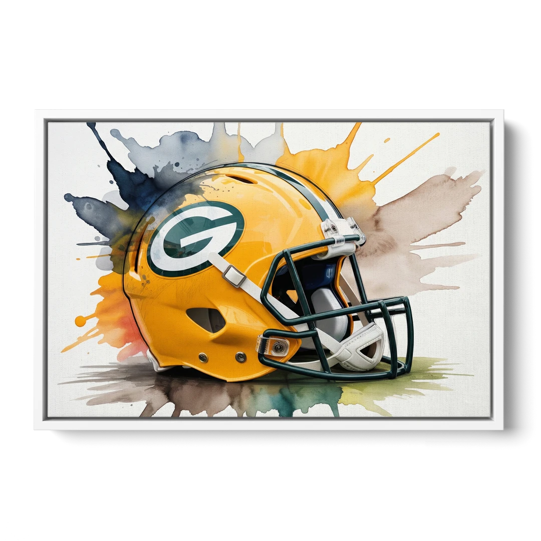 Green Bay Packers Yellow Helmet Watercolor - White Framed Canvas Wall Art - Front