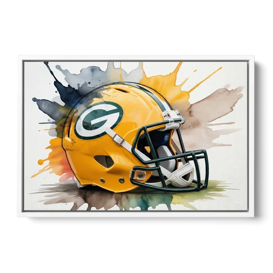Green Bay Packers Yellow Helmet Watercolor - White Framed Canvas Wall Art - Front