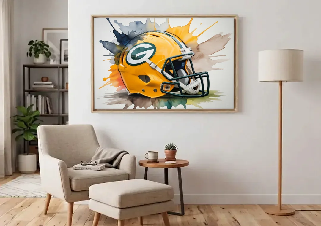 Green Bay Packers Yellow Helmet Watercolor canvas wall art above an armchair in a bright living room