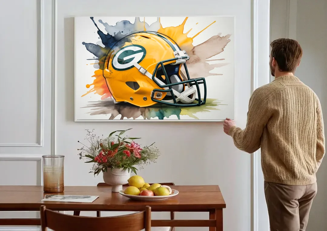 Green Bay Packers Yellow Helmet Watercolor canvas wall art above a dining table