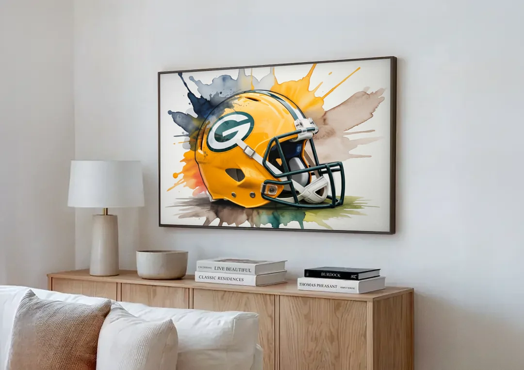 Green Bay Packers Yellow Helmet Watercolor canvas wall art above a wooden sideboard next to a sofa