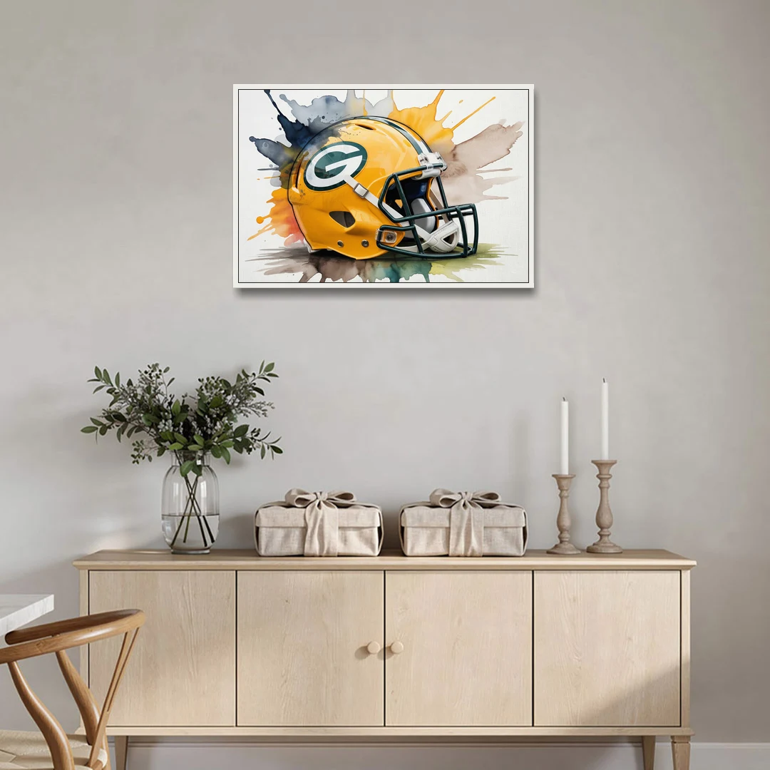Green Bay Packers Yellow Helmet Watercolor - White Framed Canvas Wall Art - Coffee Table - 36x24