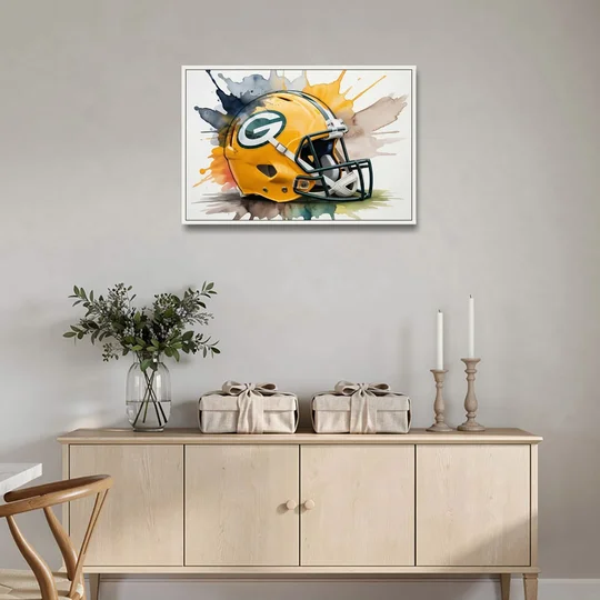 Green Bay Packers Yellow Helmet Watercolor - White Framed Canvas Wall Art - Coffee Table - 36x24
