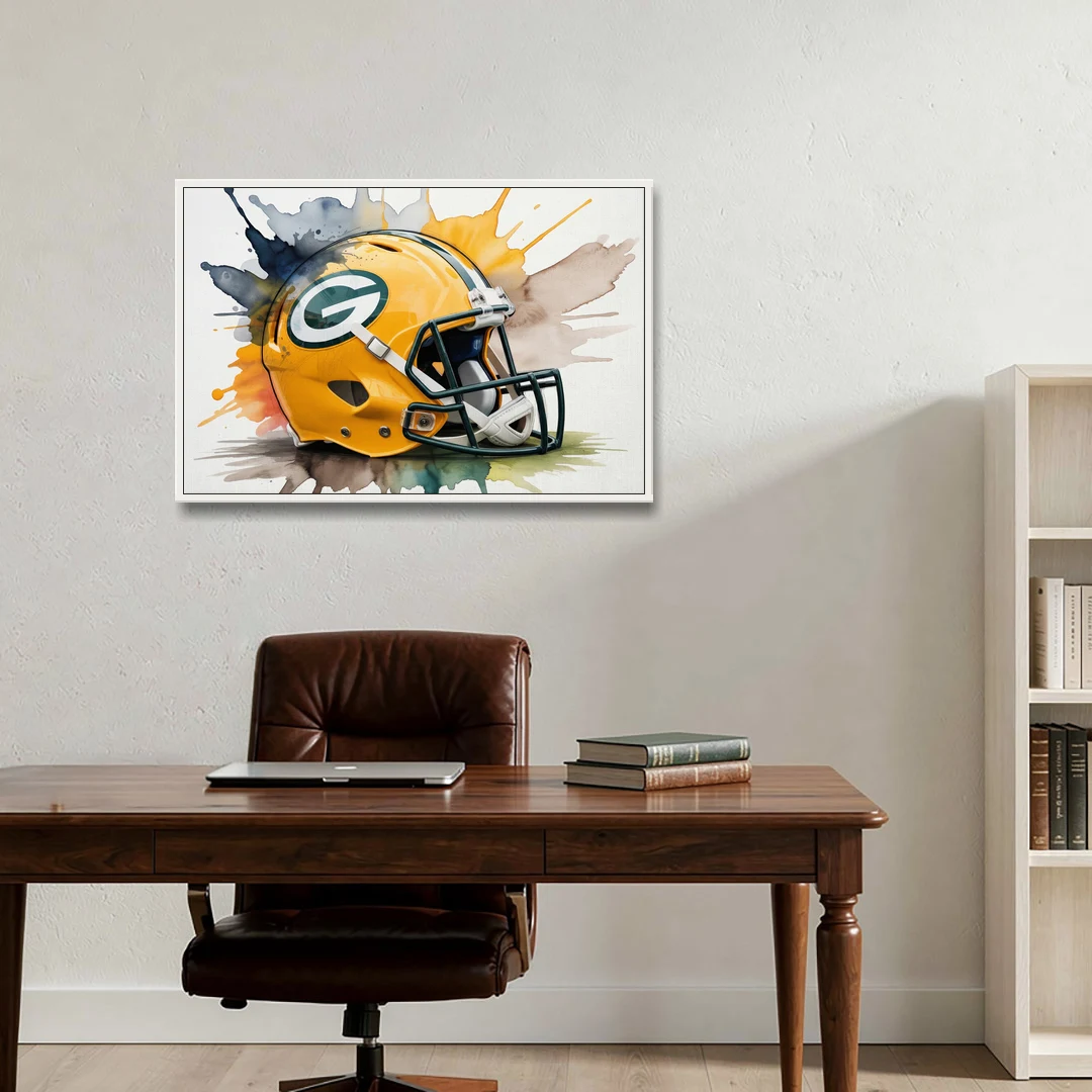 Green Bay Packers Yellow Helmet Watercolor - White Framed Canvas Wall Art - Office - 36x24