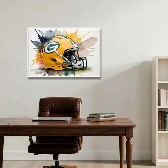 Green Bay Packers Yellow Helmet Watercolor - White Framed Canvas Wall Art - Office - 36x24
