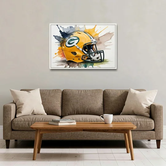 Green Bay Packers Yellow Helmet Watercolor - White Framed Canvas Wall Art - Sofa - 36x24