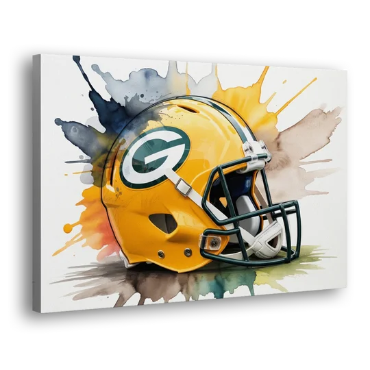 Green Bay Packers Yellow Helmet Watercolor - Canvas Wall Art - Side