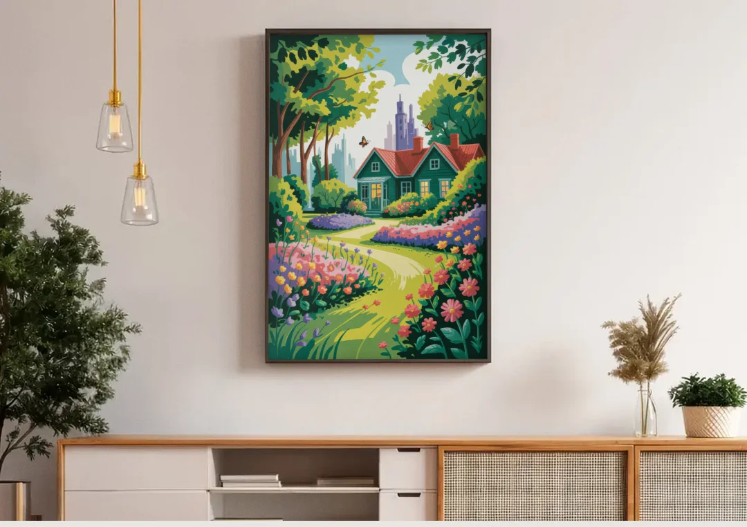 Green Gables Heritage canvas wall art above a wooden sideboard under pendant lights