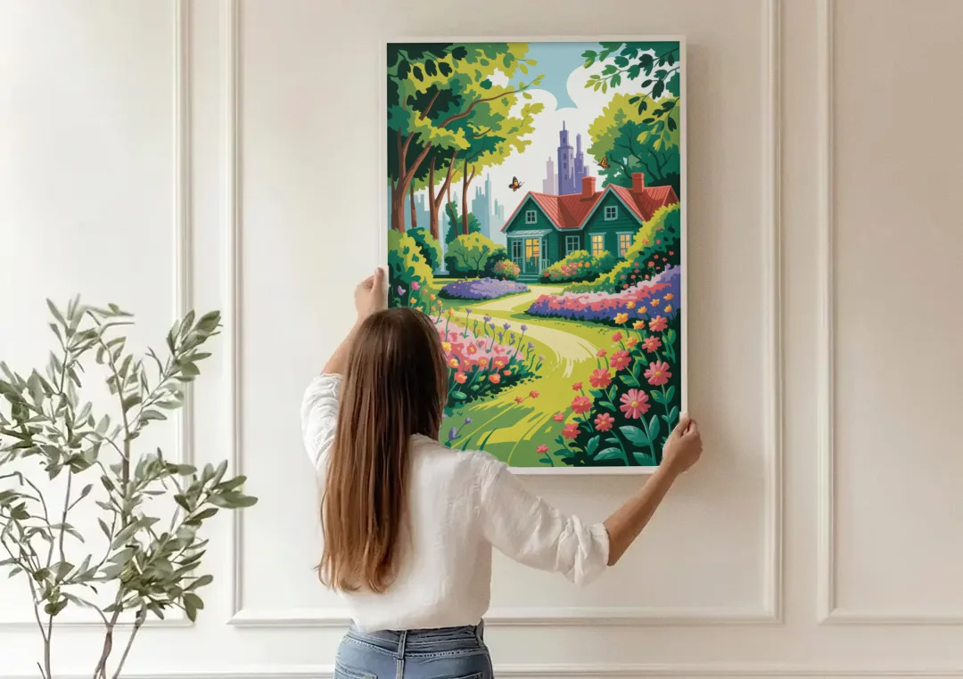 Green Gables Heritage canvas wall art being hung on a paneled wall