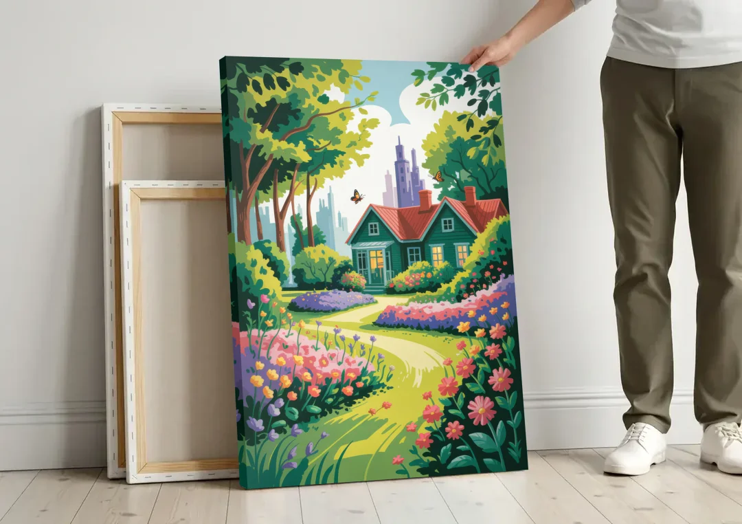 Green Gables Heritage canvas wall art leaning against a wall next to blank canvases