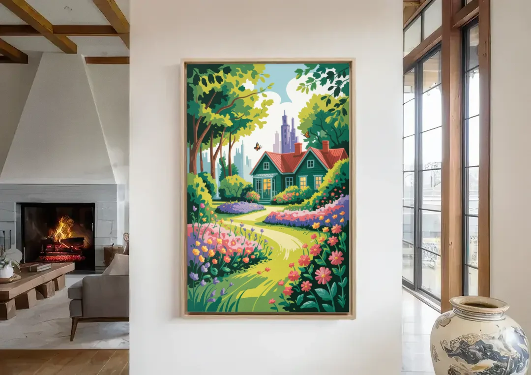 Green Gables Heritage canvas wall art in a living room with a fireplace