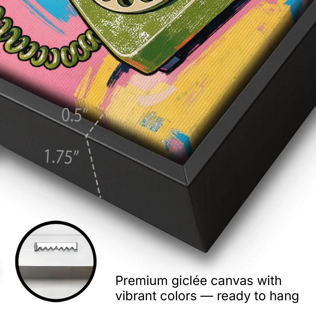 Green Rotary Phone With the Handset Lifted - Black Framed Canvas Wall Art - Gallery Wrap Corner
