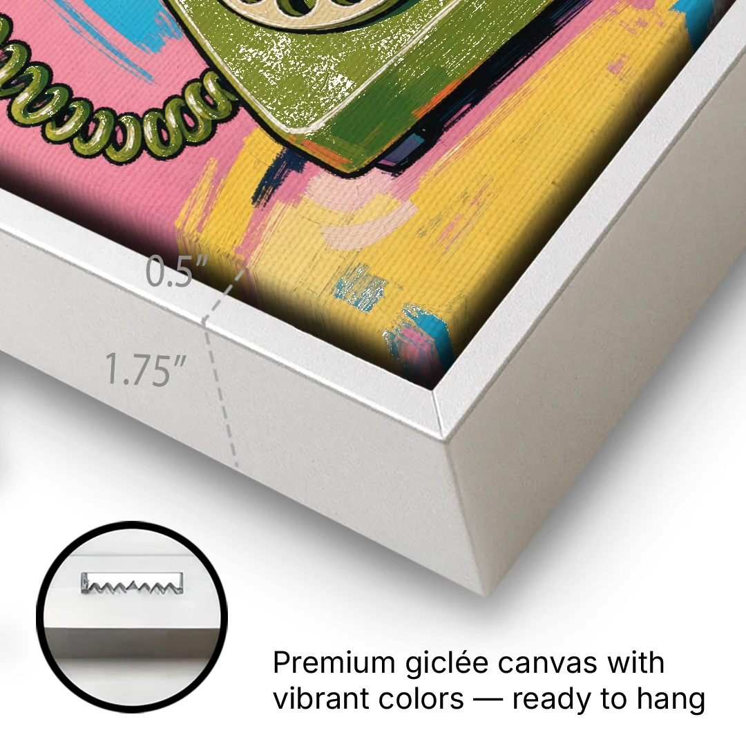 Green Rotary Phone With the Handset Lifted - White Framed Canvas Wall Art - Gallery Wrap Corner
