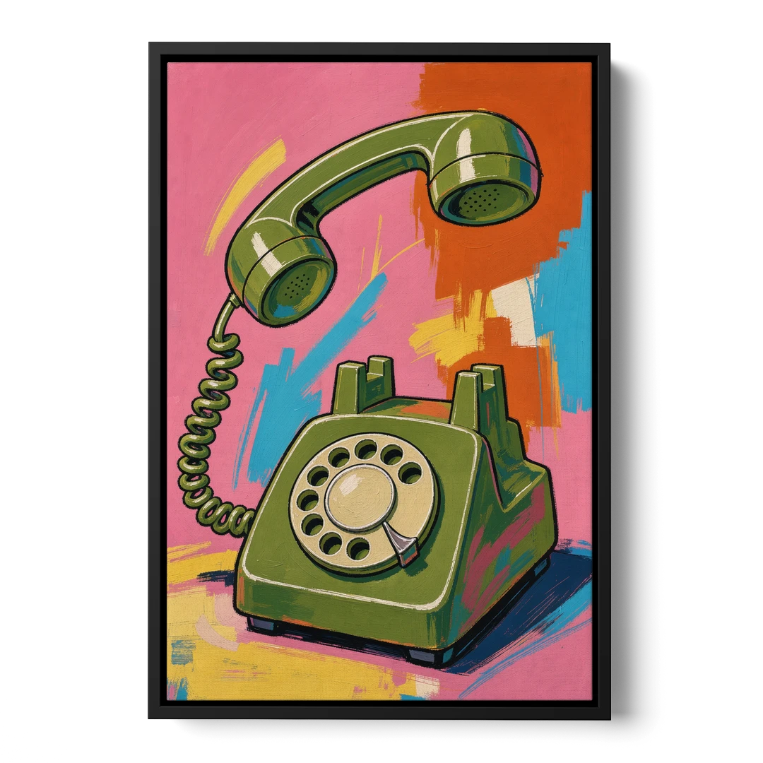 Green Rotary Phone With the Handset Lifted - Black Framed Canvas Wall Art - Front