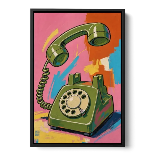 Green Rotary Phone With the Handset Lifted - Black Framed Canvas Wall Art - Front