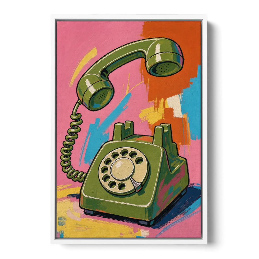 Green Rotary Phone With the Handset Lifted - White Framed Canvas Wall Art - Front