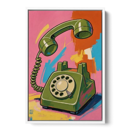 Green Rotary Phone With the Handset Lifted - White Framed Canvas Wall Art - Front