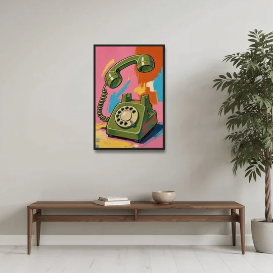 Green Rotary Phone With the Handset Lifted - Black Framed Canvas Wall Art - Coffee Table - 24x36
