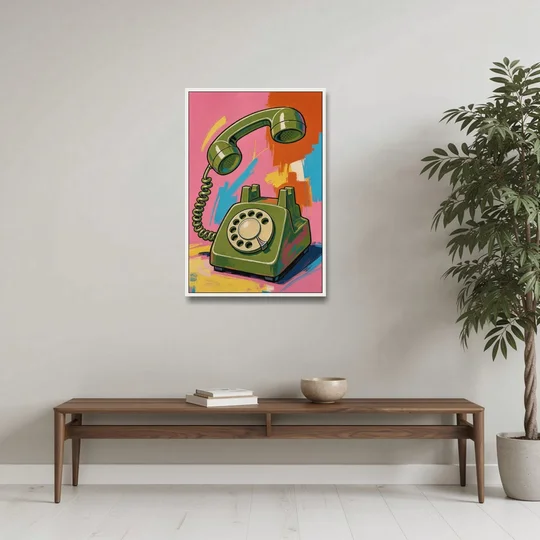 Green Rotary Phone With the Handset Lifted - White Framed Canvas Wall Art - Coffee Table - 24x36